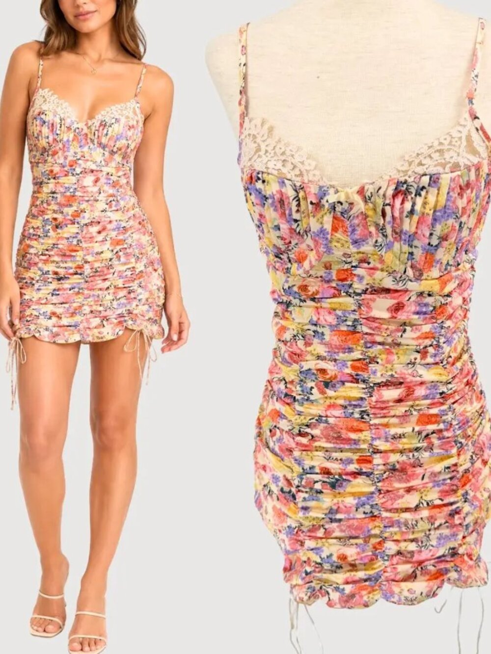 Strangers & Lovers Edge of Paradise Floral Ruched Mini Dress XS / S